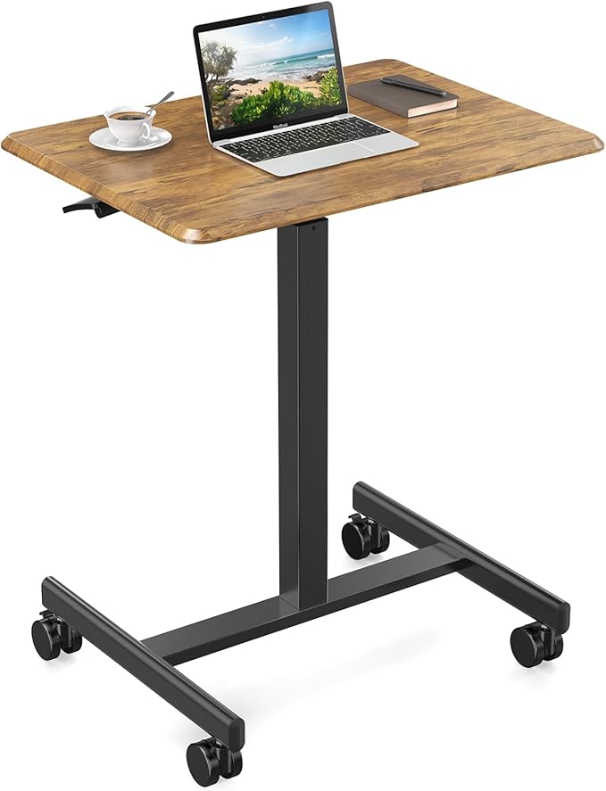 DUMOS Small Standing Desk Mobile Portable Rolling Laptop PC Table on Wheels Adjustable Height Computer Workstation for Home Office Small Space, 19 Inch, Brown