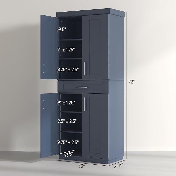 HOMCOM 72" Kitchen Pantry Cabinet, Freestanding Tall Storage Cabinet with 4 Doors, Drawer and 3 Adjustable Shelves for Dining Room, Navy Blue