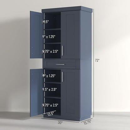 HOMCOM 72" Kitchen Pantry Cabinet, Freestanding Tall Storage Cabinet with 4 Doors, Drawer and 3 Adjustable Shelves for Dining Room, Navy Blue