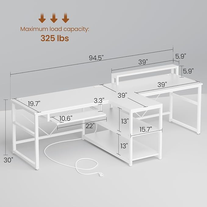 SEDETA 94.5" White Computer Desk, Two Person Gaming Desk with LED Light, Keyboard Tray, Power Strip with USB, Monitor Shelf & Storage, Extra Long Double Desk for Home Office, White