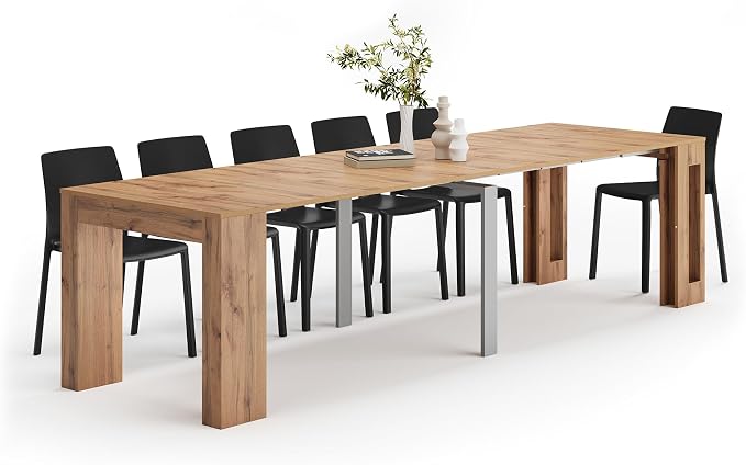 Mobili Fiver, Easy, Extendable Console Table with Extension Leaves Holder, 17.7(120.1) x35.4 in, Rustic Oak, for 4-12 People, Space Saving Dining Table for Entrance, Living Room, Italian Furniture