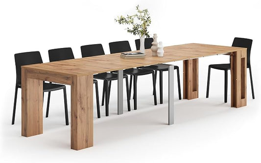 Mobili Fiver, Easy, Extendable Console Table with Extension Leaves Holder, 17.7(120.1) x35.4 in, Rustic Oak, for 4-12 People, Space Saving Dining Table for Entrance, Living Room, Italian Furniture