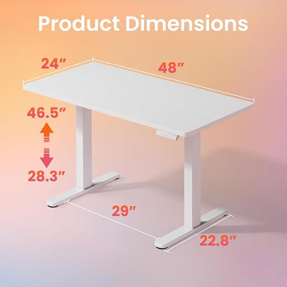 HUANUO Electric Standing Desk, 48 x 28 Inch Height Adjustable Computer Desk with Storage Bag, 4 Height Memory Settings, Sit Stand Up Desk for Home Office, White