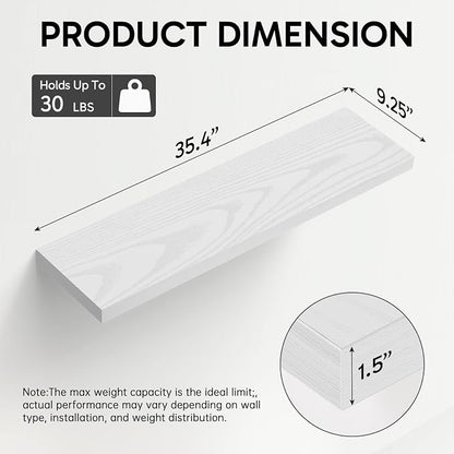 BAYKA Floating Shelves for Wall, 35.4 inches Long Wall Mounted Rustic Wood Shelves for Bathroom, Bedroom, Living Room, Kitchen, Office, Hanging Shelf for Books/Storage/Decor(White,Set of 2)