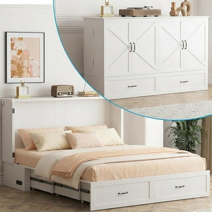 PUREMIND Murphy Bed Queen, Crisscross Frame Cabinet Beds Chest with Charging Station & Storage Drawers, Convertible Hideaway Cabinet Bed for Guest Room, White, Without Mattress