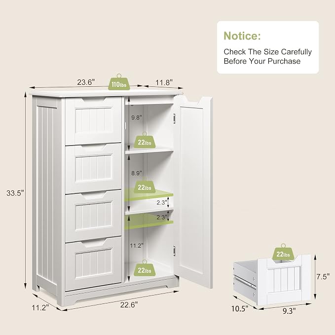 Gizoon Small Pantry with Door and Shelves, 33'' Small Coffee Bar Cabinet with 4 Drawers Kitchen Pantry Storage Cabinet for Kitchen and Living Room, White, Painted