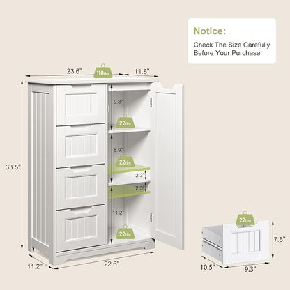 Gizoon Small Pantry with Door and Shelves, 33'' Small Coffee Bar Cabinet with 4 Drawers Kitchen Pantry Storage Cabinet for Kitchen and Living Room, White, Painted
