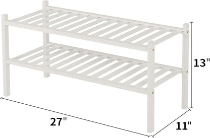 ROMGUAR CRAFT 2 Tier Bamboo Shoe Rack for Closet Free Standing Wood Shoe Shelf for Entryway Small Space Stackable 27"x11"x13" (White)