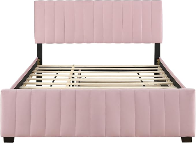Ball & Cast Queen Bed Frame with Twin XL Size Trundle,Velvet Upholstered Platform Bed Frame Queen Size with Channel Tufted Headboard,Wood Slats Support,No Box Spring Needed,Easy Assembly,Pink
