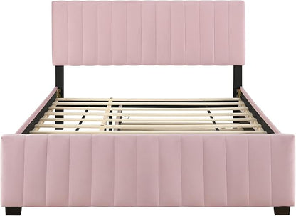Ball & Cast Queen Bed Frame with Twin XL Size Trundle,Velvet Upholstered Platform Bed Frame Queen Size with Channel Tufted Headboard,Wood Slats Support,No Box Spring Needed,Easy Assembly,Pink