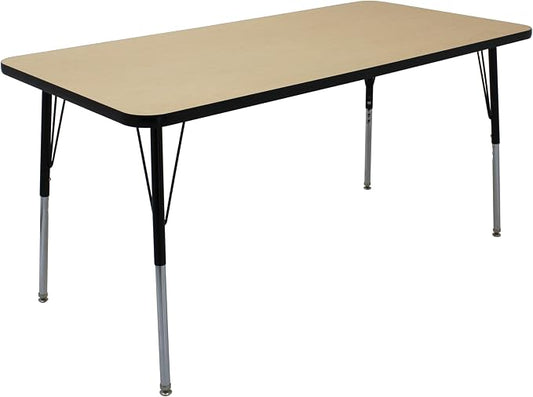 FDP Rectangle Activity School and Office Table (30 x 60 inch), Standard Legs with Swivel Glides, Adjustable Height 19-30 inches; Quick Ship Single Box - Maple Top and Black Edge