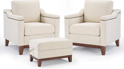 HAOMARKETS 2 Piece Fabric Sofa Set with Nailhead Trim, Included Accent Chair Set of 2 with Thicked Cushion and Upholstered Storage Ottoman with Flip-Top Table, Living Room Furniture Set,Beige