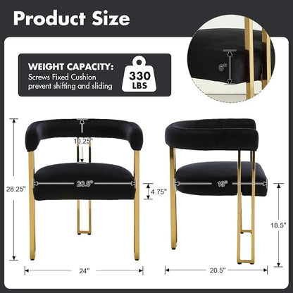 Hyfirm Black and Gold Modern Dining Chairs Set of 2, Velvet Upholstered Barrel Armchairs with Metal Legs for Kitchen Island, Mid Century Accent Chairs for Dining Room Living Room, Open-Back
