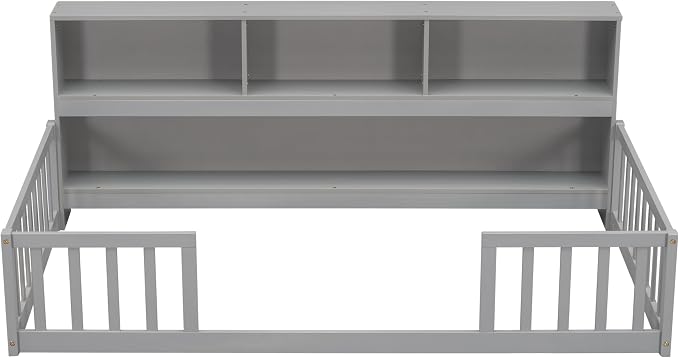 Bellemave Kids Montessori Floor Bed Twin Size,Floor Bed Frame with Bookcase and Shelves for Kids Boys Girls,Twin,Gray
