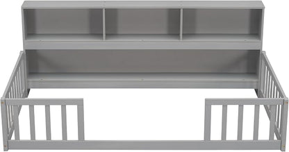 Bellemave Kids Montessori Floor Bed Twin Size,Floor Bed Frame with Bookcase and Shelves for Kids Boys Girls,Twin,Gray