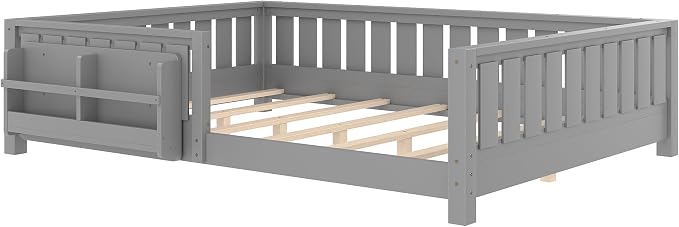 Bellemave Gray Natural Montessori Floor Bed with Fence and Slats, Queen Size Montessori Floor Bed with Bookcase and High Rails, Easy Assemble Bed Frame for Girls, Boys, Queen