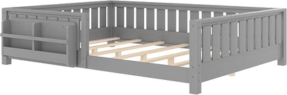 Bellemave Gray Natural Montessori Floor Bed with Fence and Slats, Queen Size Montessori Floor Bed with Bookcase and High Rails, Easy Assemble Bed Frame for Girls, Boys, Queen