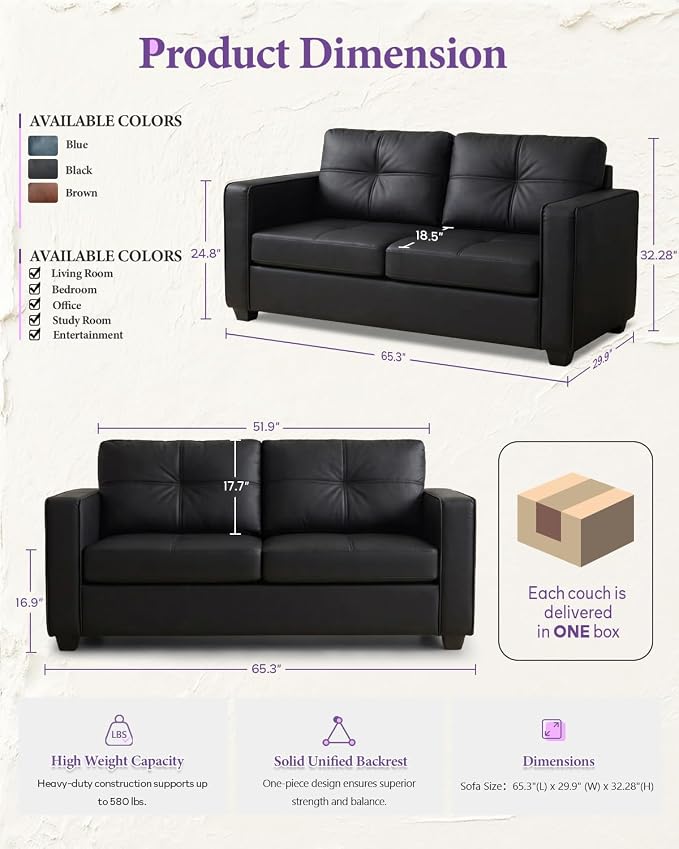 TYBOATLE 65" Faux Leather Loveseat for Living Room, Comfy Mid-Century Modern Tufted Black Loveseat w/USB Charging Ports and Wide Arms, 2 Seater Office Small Couch for Small Space Bedroom