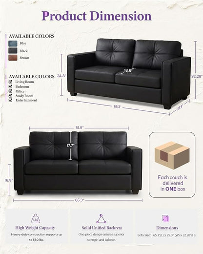 TYBOATLE 65" Faux Leather Loveseat for Living Room, Comfy Mid-Century Modern Tufted Black Loveseat w/USB Charging Ports and Wide Arms, 2 Seater Office Small Couch for Small Space Bedroom