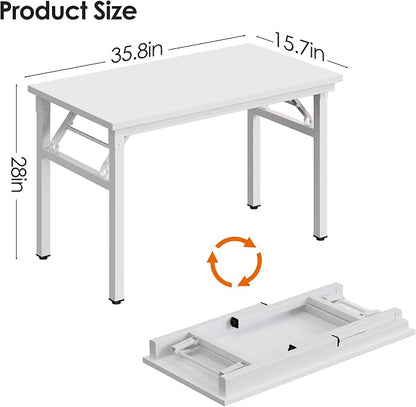 DlandHome Folding Desk for Small Spaces, 35.8 in Computer Desk Folding Table, Foldable Office Desk Writing Workstation for Home Office, Study, Bedroom, No Assembly Required, White & White