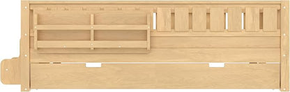Bellemave Twin Kids Montessori Bed with Stairs, Bookshelf and Trundle, Solid Wood Kids Bed Frame with Storage for Boys Girls, Low Profile,Light Natural