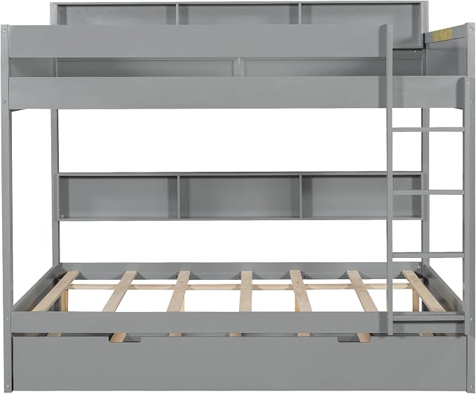 Wood Bunk Bed Full Over Full Size with Built-in Storage Shelves, Versatile Bunk Bed Frame with Ladder and Trundle Bed for Kids Teens Adults, Maximize Space (Gray-2.10)