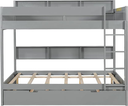 Wood Bunk Bed Full Over Full Size with Built-in Storage Shelves, Versatile Bunk Bed Frame with Ladder and Trundle Bed for Kids Teens Adults, Maximize Space (Gray-2.10)