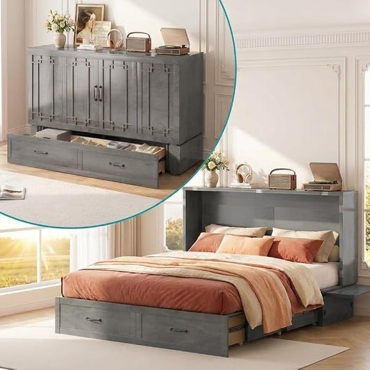 BALUS Queen Murphy Bed with Mattress Included, Cabinet Bed with Mattress & Built-in USB Ports & Storage Drawer, Space-Saving Murphy Beds Cabinet Guest Beds for Office/Apartment- Grey