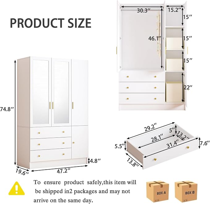 3 Doors Mirrored Wardrobe Armoire Closet with Drawers, LED Armoire Storage Cabinet with Adjustable Shelves & Hanging Rod, 74.8" H Freestanding Clothing Storage Cabinet for Bedroom, White