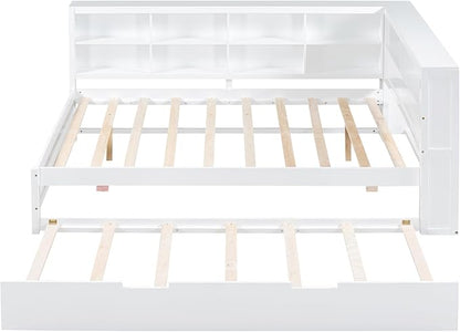 Bellemave Full Corner Bed Frame with Trundle, Wood Full Size Daybed with L-Shaped Bookcase，Daybed with Storage Cabinets, White
