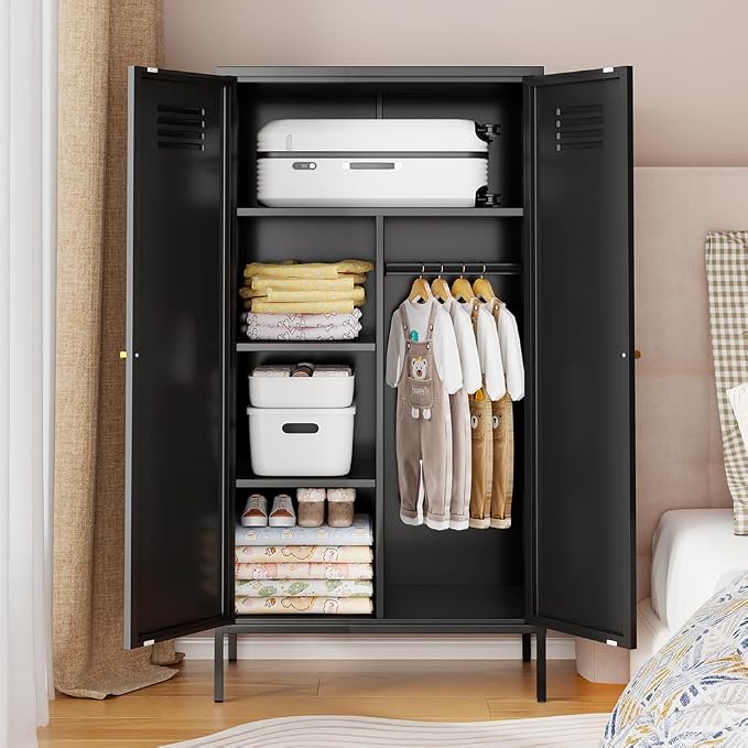 2 Door Metal Cabinet with Hanging Rod and 2 Freely Adjustable Shelves,Storage Locker Cabinet Closet for Office,Garage (Black)