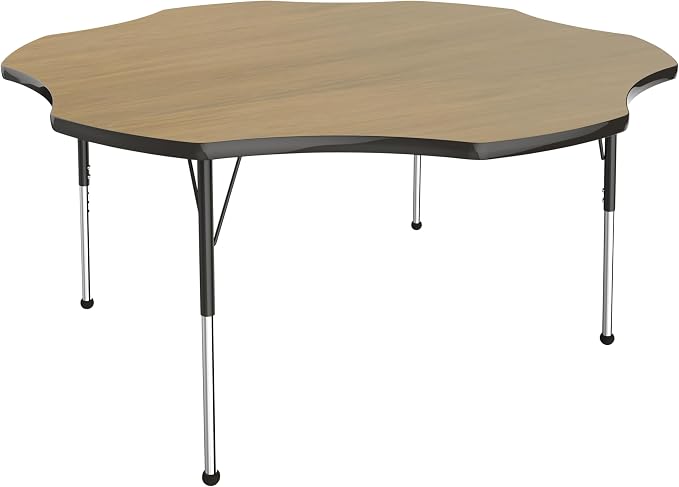 FDP Flower (60 x 60 inch) Collaborative Classroom Table with Adjustable Standard Ball Glide Legs (19-30 in); School and Office Furniture - Pasadena Oak Top/Black Edge and Legs