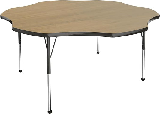 FDP Flower (60 x 60 inch) Collaborative Classroom Table with Adjustable Standard Ball Glide Legs (19-30 in); School and Office Furniture - Pasadena Oak Top/Black Edge and Legs