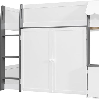 Bellemave Full Size Low loft Bed for Kids,Wood Modern Farmhouse Full Loft Bed with Storage Cabinets, No Box Spring Needed, White+Gray