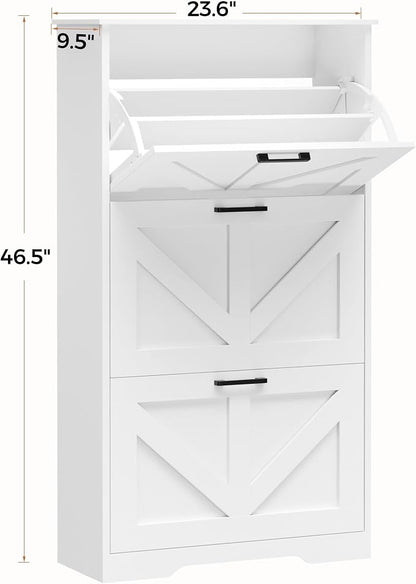 Homleke Farmhouse Shoe Cabinet for Entryway with 3 Barn-Style Flip Drawers, Narrow Shoe Storage Organizer with Top Display Shelf, Adjustable Shelves, Shoe Rack for Hallway, Closet- (White, 24" Wide)