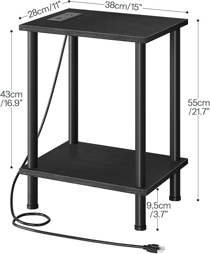 HOOBRO Side Table with Charging Station, End Table with USB Port and Outlets, Nightstand with 2-Layer Storage Shelves for Small Spaces, Living Room, Bedroom, Black BK09UBZ01