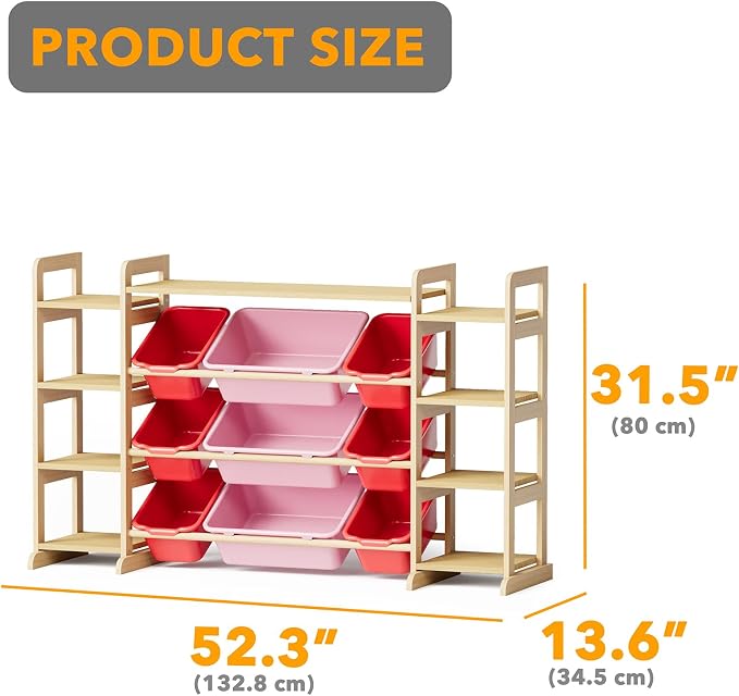 SpaceAid Large Toy Storage Organizer 9 Shelves 9 Bins, Toy Organizers Storage Bookshelf, Kids Bin Shelf Toys Box Bookcase for Bedroom Playroom Organization Room Decor, Red and Pink