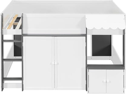 Bellemave Full Size Low loft Bed for Kids,Wood Modern Farmhouse Full Loft Bed with Storage Cabinets, No Box Spring Needed, White+Gray