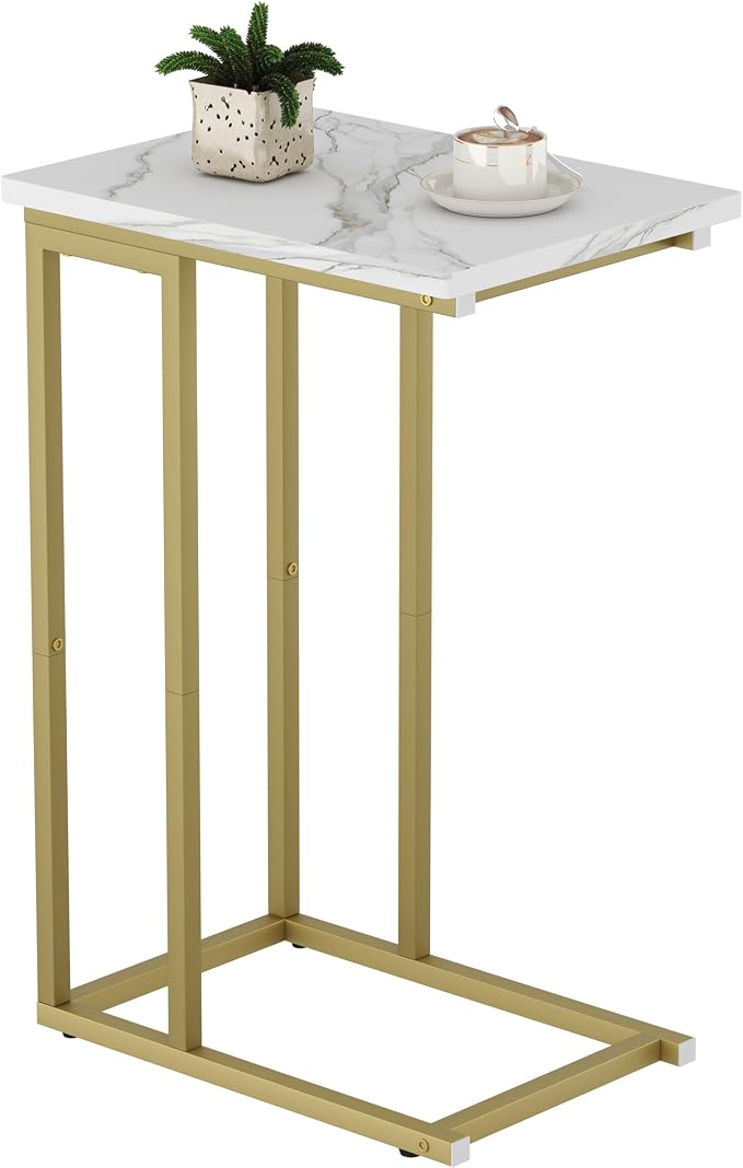 Function Home C Shaped End Table, Small Side Tables for Sofa Bed, Couch Tables that Slide Under, Drink Snack Table for Living Room Bedroom Small Space, White Wood Top and Gold Metal Frame