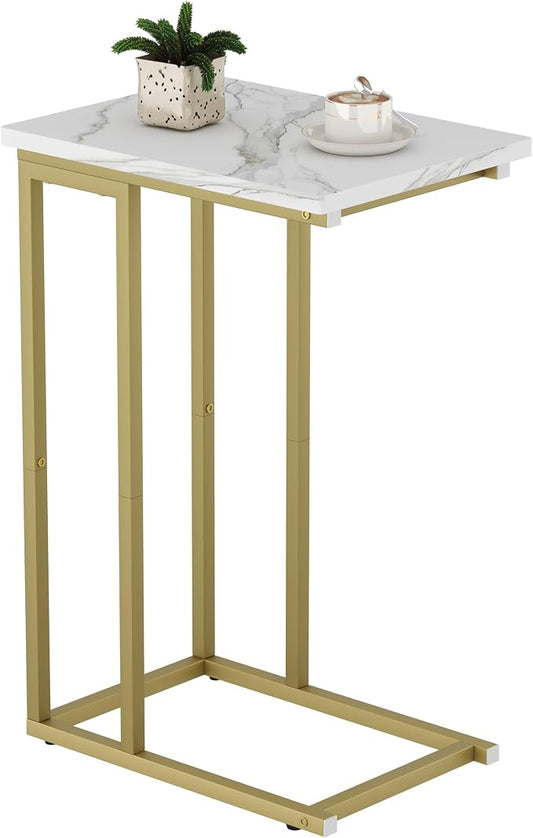 Function Home C Shaped End Table, Small Side Tables for Sofa Bed, Couch Tables that Slide Under, Drink Snack Table for Living Room Bedroom Small Space, White Wood Top and Gold Metal Frame