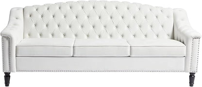 LEVNARY Mid-Century Modern Velvet Sofa, 80" Large Upholstered Sofa with High Back, Chesterfield Couch Sleeper Settee with Solid Wood Legs, Tufted 3 Seater Wide Couches for Living Room Office (White)