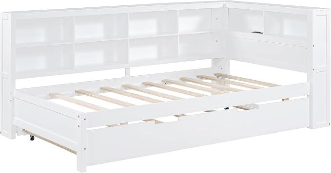 Bellemave Twin Corner Bed Frame with Trundle, Wood Twin Daybed with L-Shaped Bookcase，Daybed with Storage Cabinets, White