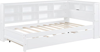 Bellemave Twin Corner Bed Frame with Trundle, Wood Twin Daybed with L-Shaped Bookcase，Daybed with Storage Cabinets, White