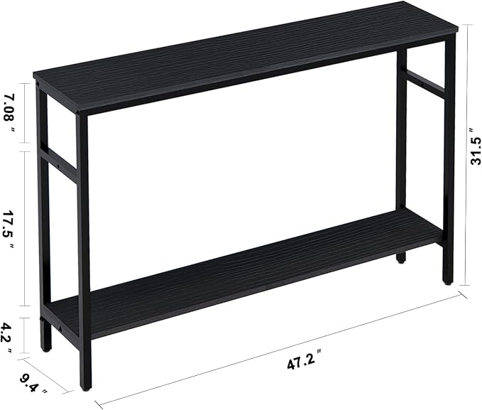 Timberer Narrow Console Table, 47 Inch Sofa Table with Adjustable Shelf, 2-Tier Long Skinny Table for Hallway, Entryway, Living Room, Foyer, Black