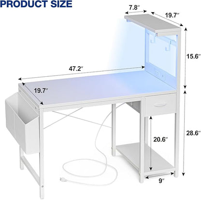 Grandder Gaming Desk 47 Inch with Power Outlet and LED Light, Computer Desk with Reversible Shelves and Storage Drawer, Pc Small Desk for Home Office Table with Bag, Carbon Fiber White