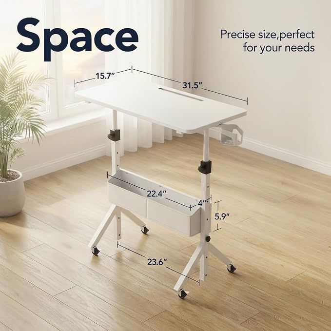 HUANUO Mobile Standing Desk with Wheels and Storage Basket, Height Adjustable 28.7"-46.1" Rolling Desk for Walking Pad, Small Space Laptop Computer Workstation for Home Office,White
