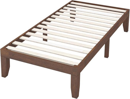 COSTWAY Wood Platform Bed Frame, 14 Inches Solid Rubber Wood Bed Mattress Foundation with Sturdy Slats Support, Easy Assembly Bed Frame for Home Hotel, No Box Spring Needed (Walnut, Twin)