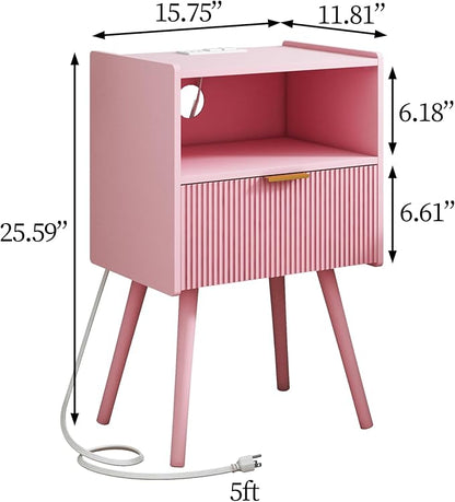 JOONEE Nightstand with Oultlet,Modern Bedside Table with Storage Drawer and Open Wood Shelf, for Living Room, Bedroom and Small Spaces, Accent Night Stand with Solid Wood Legs, Easy Assembly,Pink