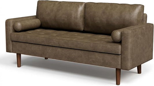 70" Mid-Century Modern Sofa Couch – Faux Leather Loveseat Sofa with Deep Seat & Solid Wood Frame – Includes 2 Accent Pillows –Dark Brown Living Room Bedroom Office