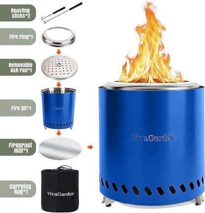 9.5 X 8.6 Inch Tabletop Fire Pit, VivaGarden Portable Firepit, Smokeless Table Top Firepit, Safe Burning Camping Stove, Fueled by Pellets or Wood, Forks, Mat & Travel Bag Included, Blue